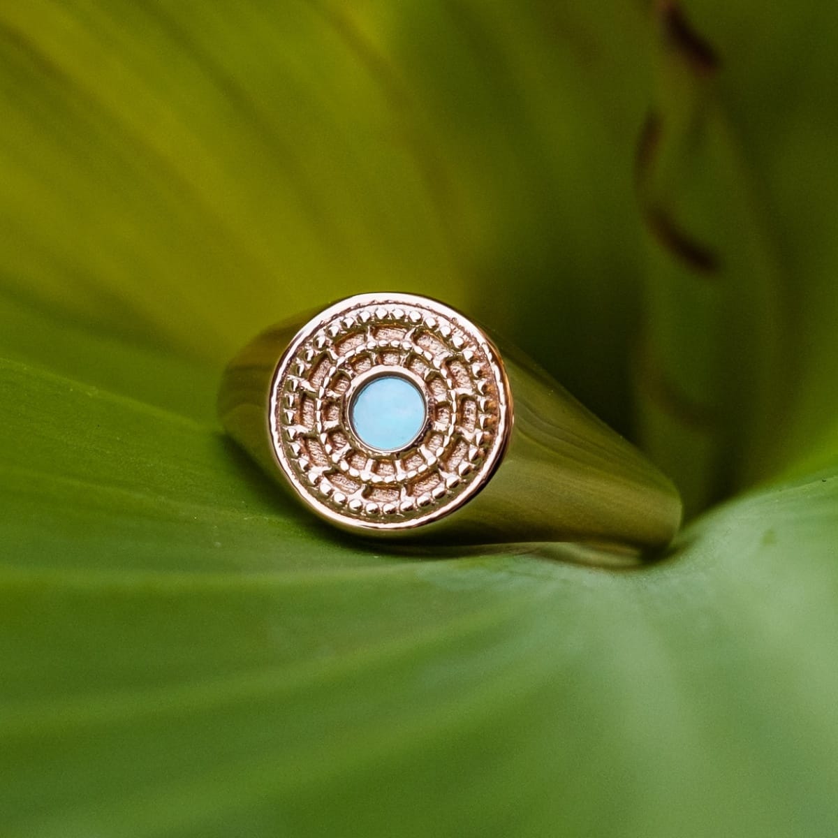 "Pixa Ring", an elegant ring in nacre and rose gold, featuring intricate detailing and a modern design.