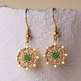 "Aphonia Earrings", elegant gold and jade earrings with a geometric floral design.
