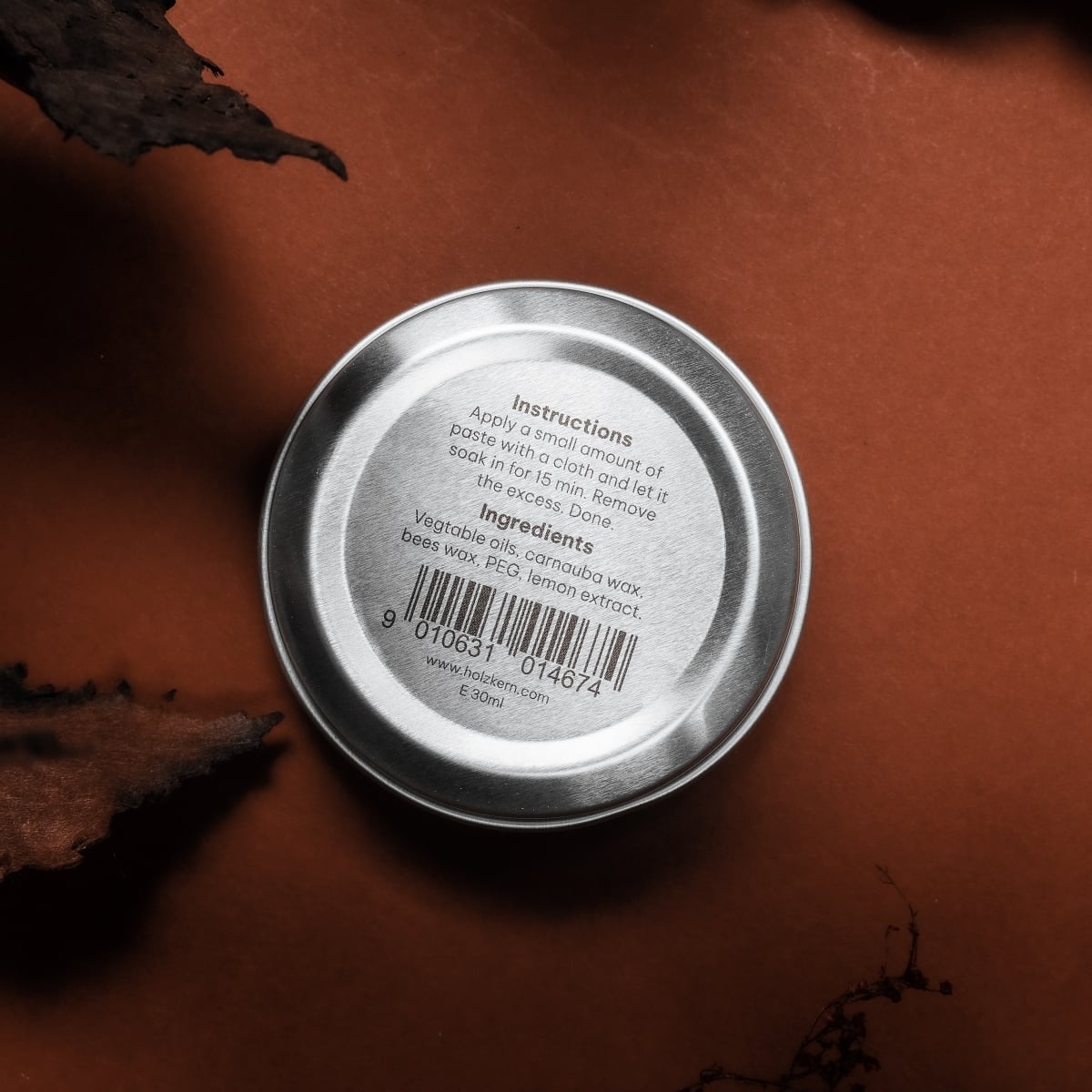 Balm 100ml di cura del legno, balsamo cura del legno, design minimalista su fondo marrone terra.