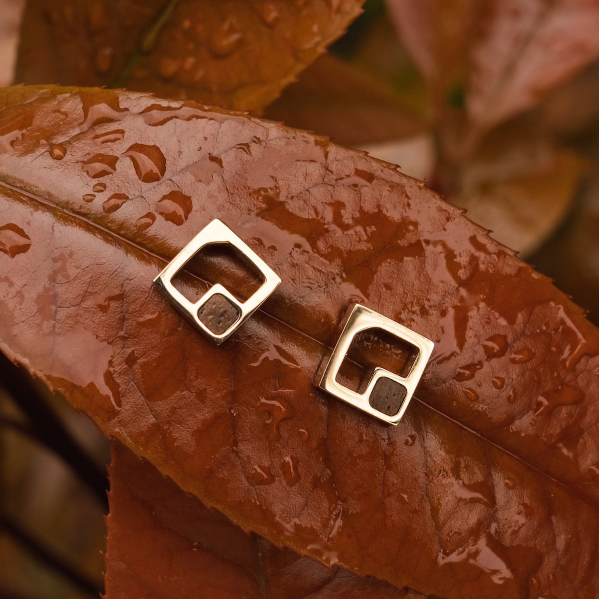 "Geometric Earrings": Elegant geometric earrings with a walnut and rose gold finish.