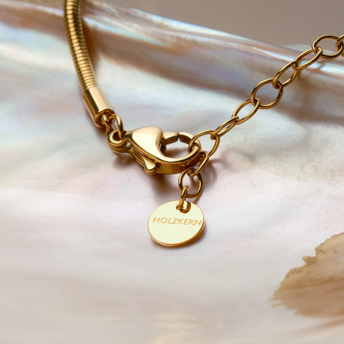 "Amorance Necklace", a stylish gold necklace featuring delicate nacre accents.