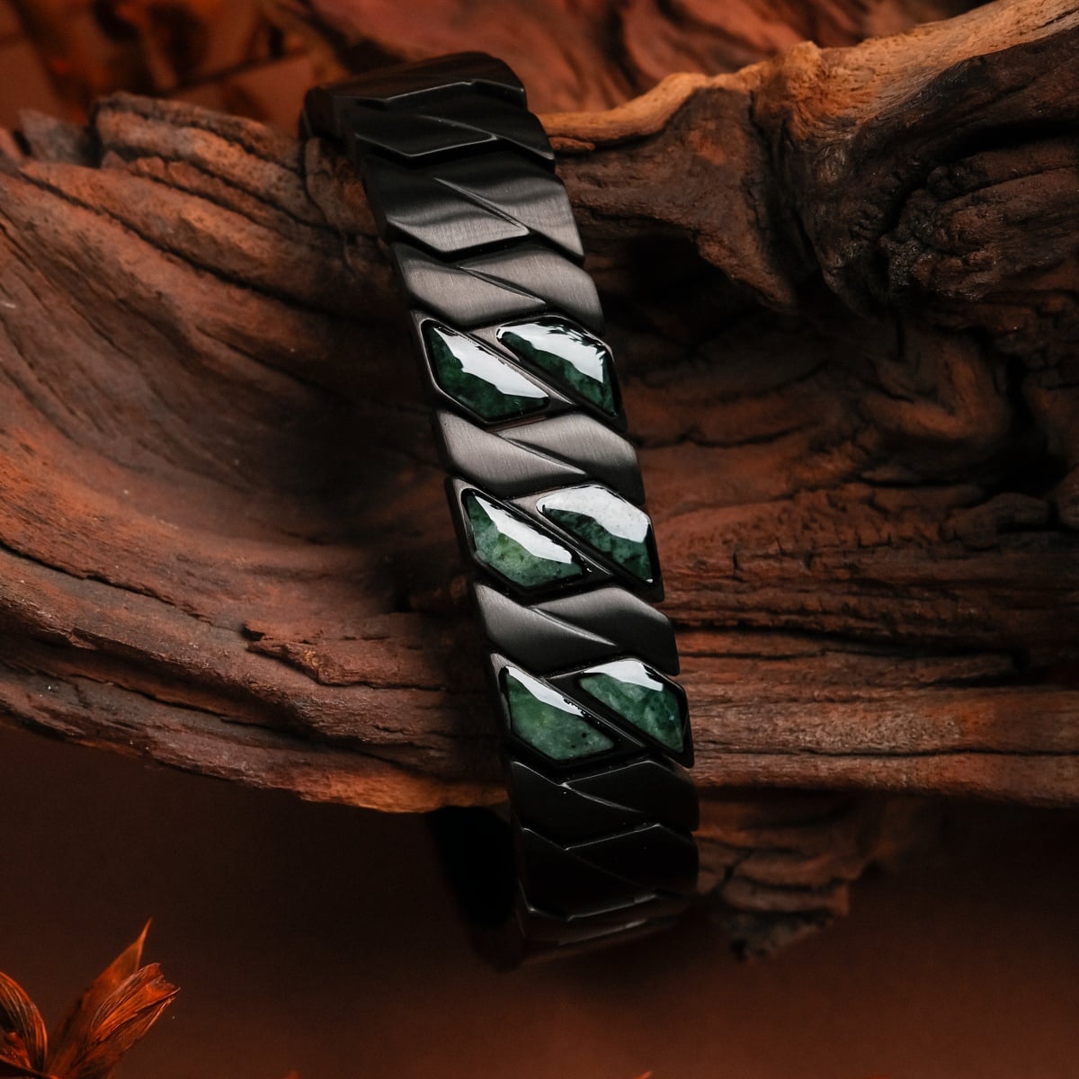 "Baritone" bracelet with a sleek marble and black geometric design.