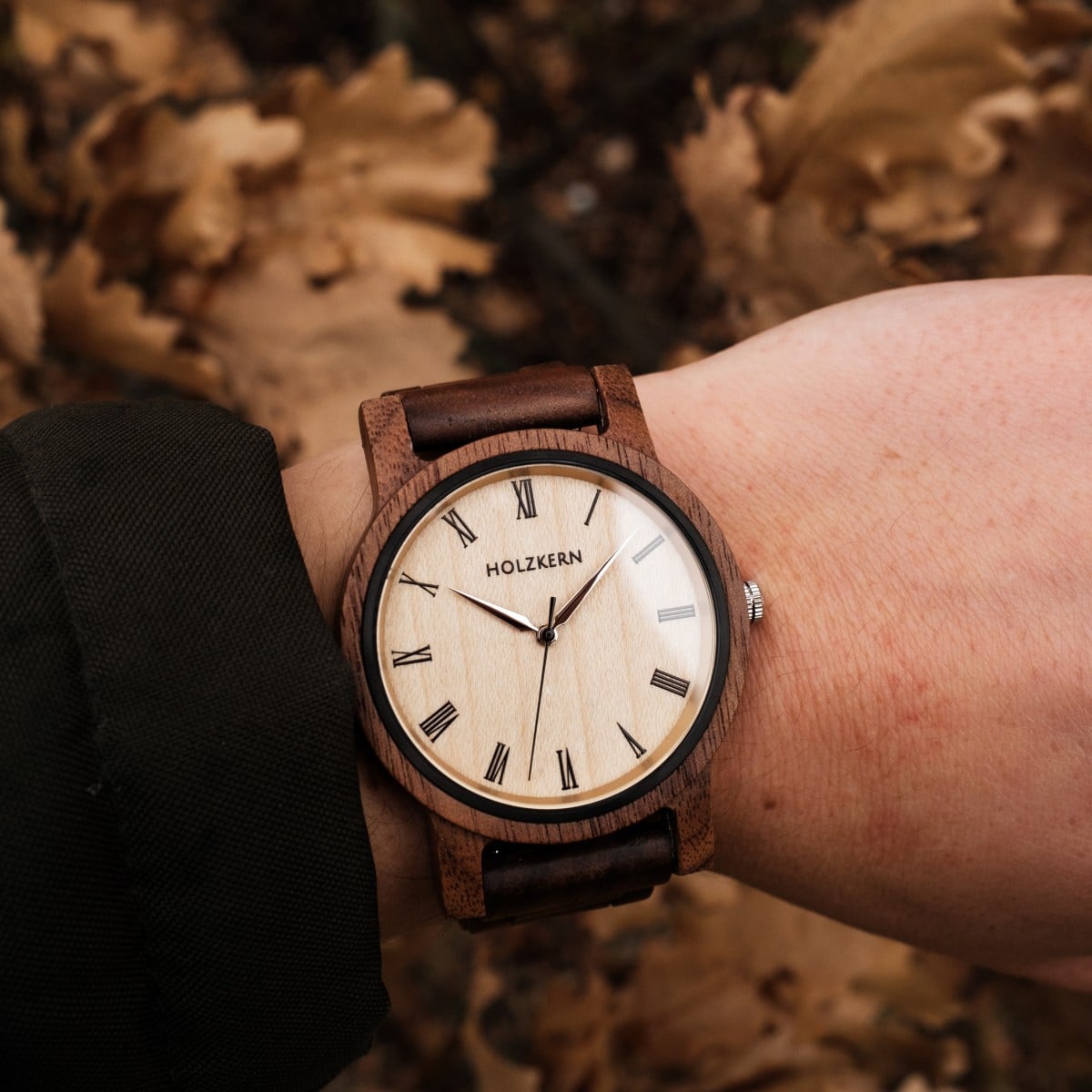 "Fall Dusk" watch, featuring a walnut and maple design with a classic, nature-inspired aesthetic.