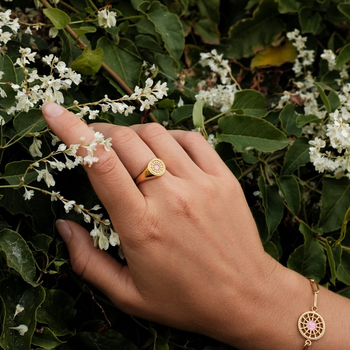 "Pixa Ring", a stylish gold ring featuring a pink nacre center, elegantly complements natural greenery.