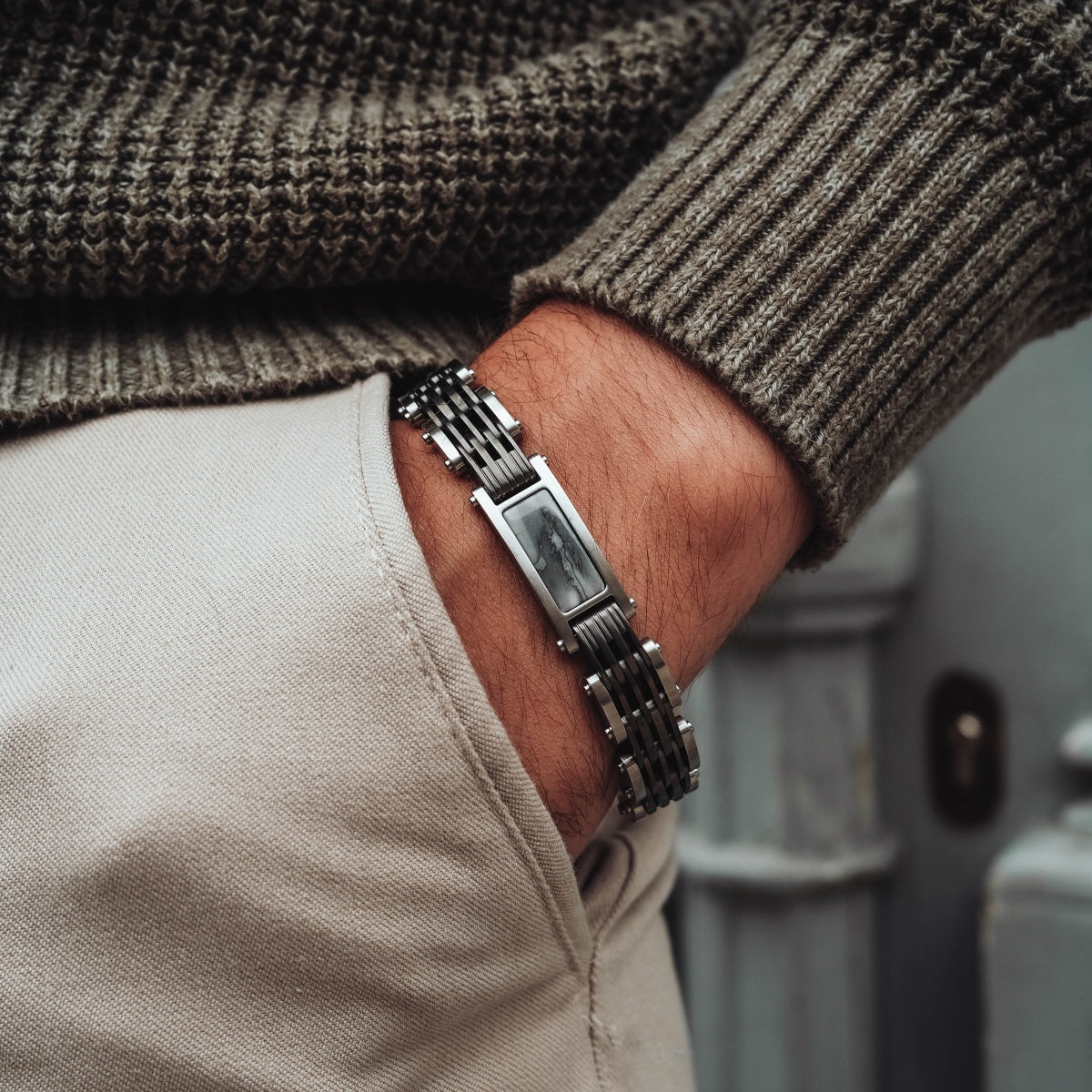 "Adagio" watch in marble grey, featuring a sleek, modern design with a stainless steel band.
