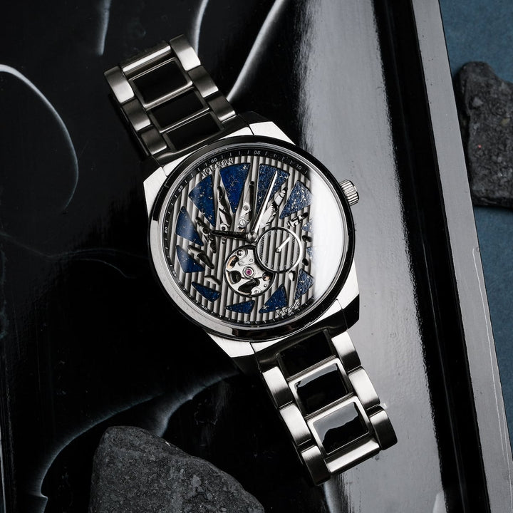 "Spikes, a striking watch with Lapis Lazuli and Maple accents, showcases an intricate and bold design."
