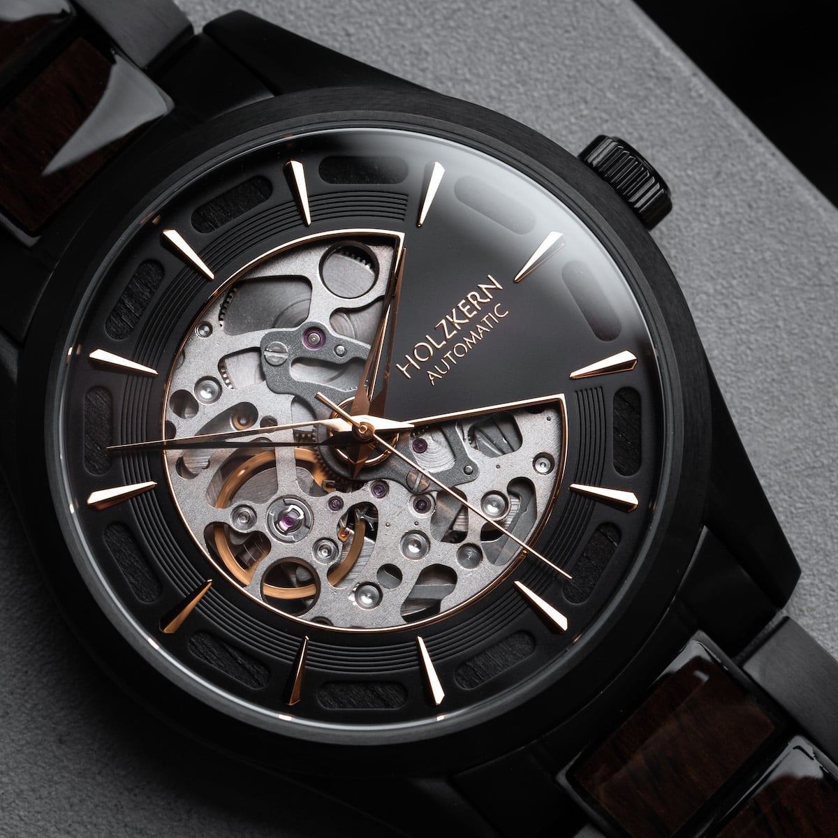 "Woodleigh" watch featuring maple and black accents with a sleek, modern design.