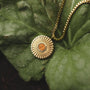 "Stencil Necklace" necklace, featuring a radiant gold and koa wood design, displayed on textured green leaves.