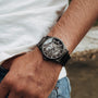 "Morasko", a stylish watch with a maple and dark grey finish, showcasing an elegant and contemporary design.