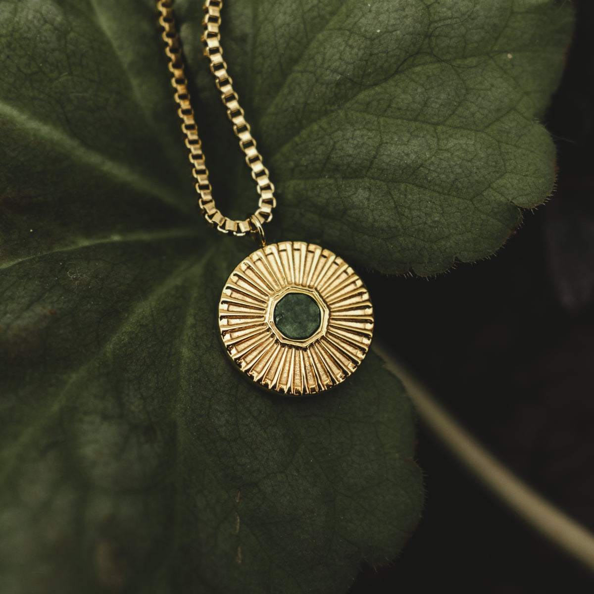 "Stencil Necklace" necklace with a round gold pendant featuring a marble center on a leaf background.