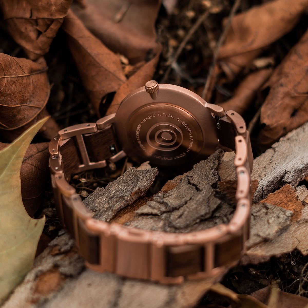 "The Optimist" watch, crafted in walnut with a peacock feather motif, showcasing an elegant and natural design.