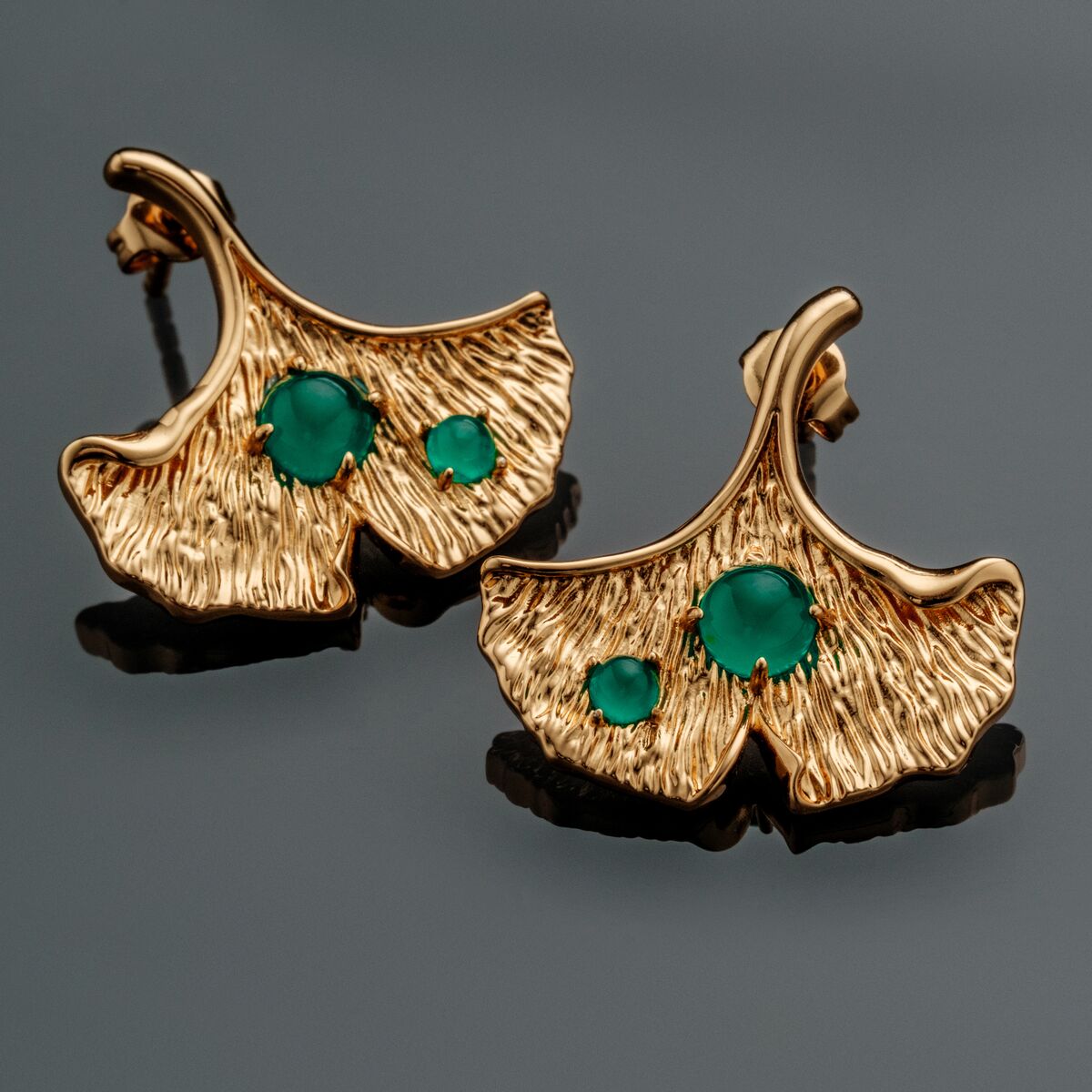 "Chalice Earrings", elegant earrings with gold finish and chalcedony accents, featuring a textured, organic design.