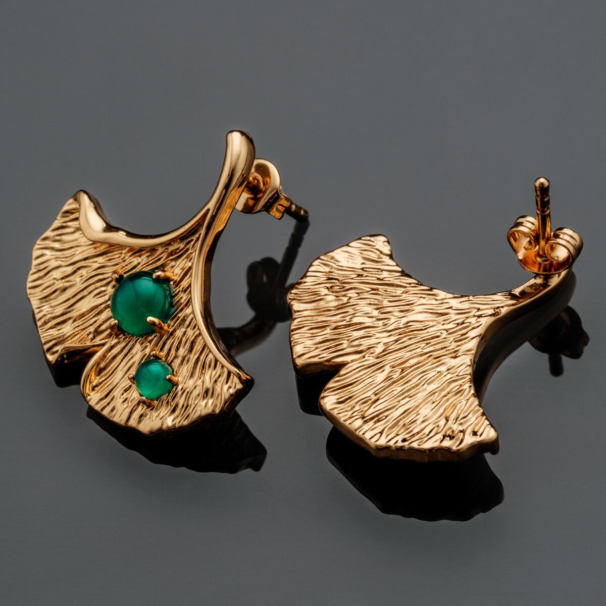 "Chalice Earrings" earrings feature a textured gold design with green chalcedony accents.
